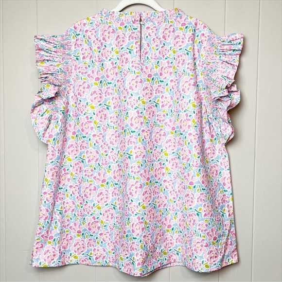 JODIFL Flutter Sleeve Top 3X pink floral ruffle blouse boxy high neck plus size - Picture 5 of 12